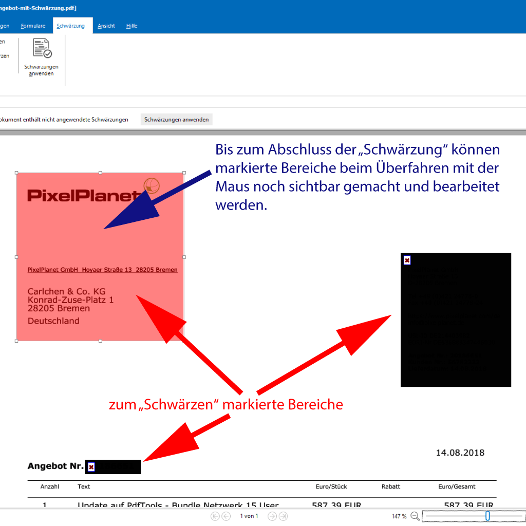 Screenshot (Zoom): Texte und Bereiche für das Löschen im PDF markieren