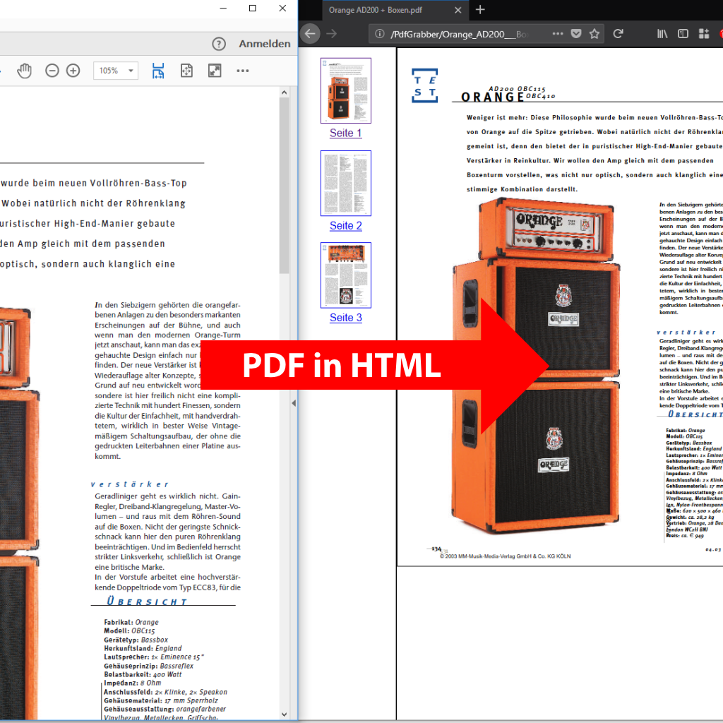 Screenshot (Vergleich): PDF in HTML umwandeln