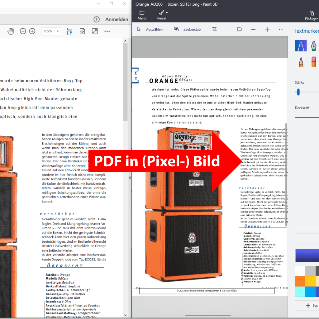 Screenshot (Vergleich): PDF in ein Pixelbild umwandeln